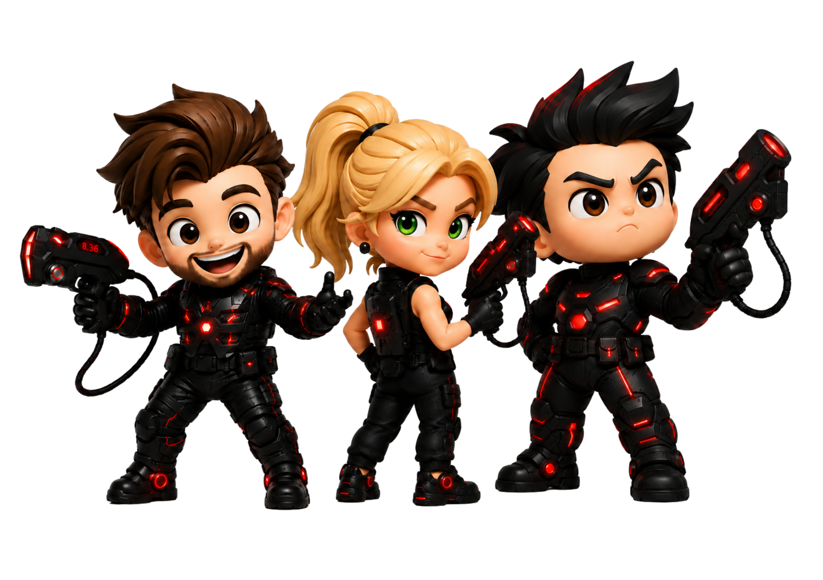 Trois personnages en tenue de laser game