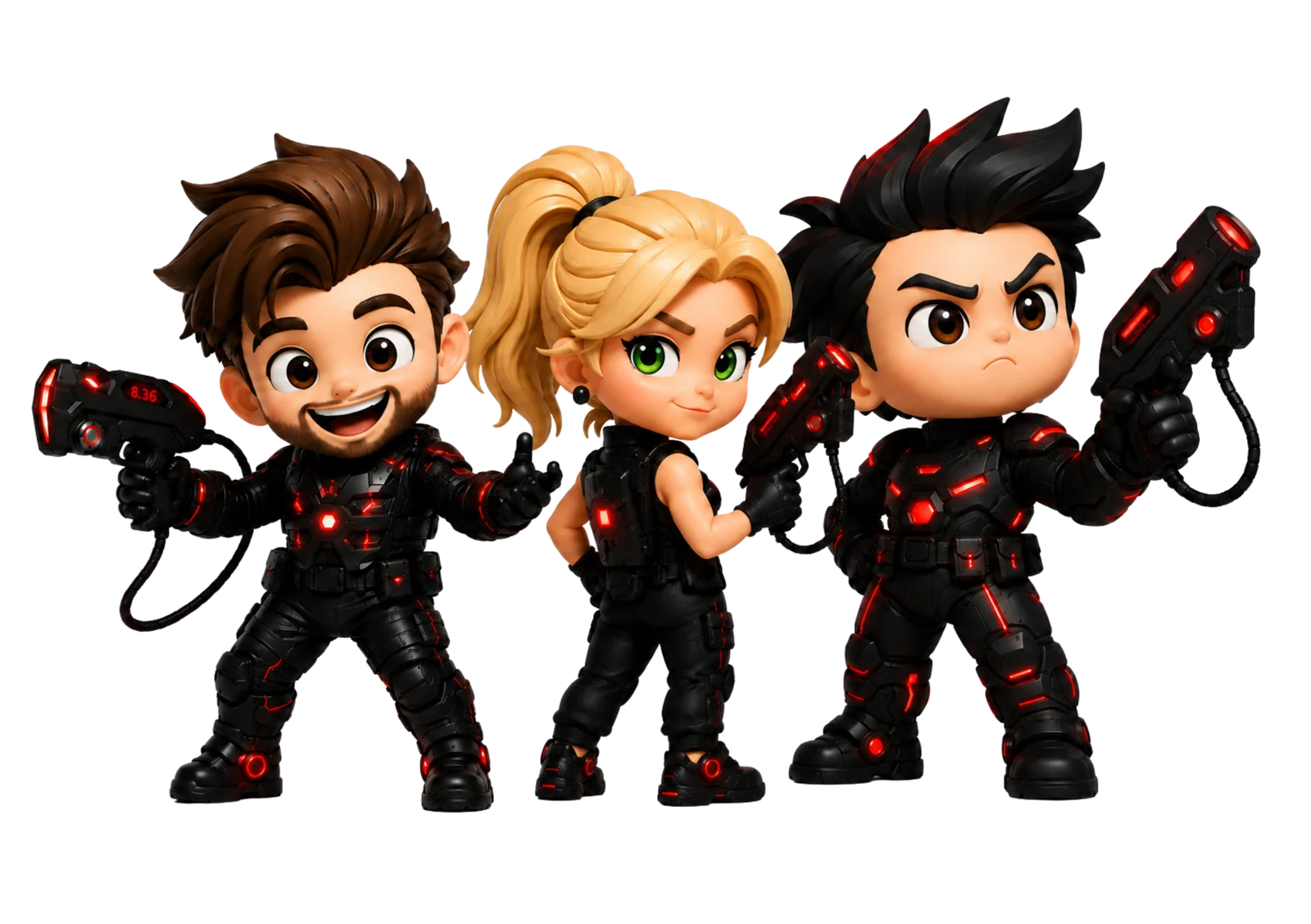 Trois personnages en tenue de laser game